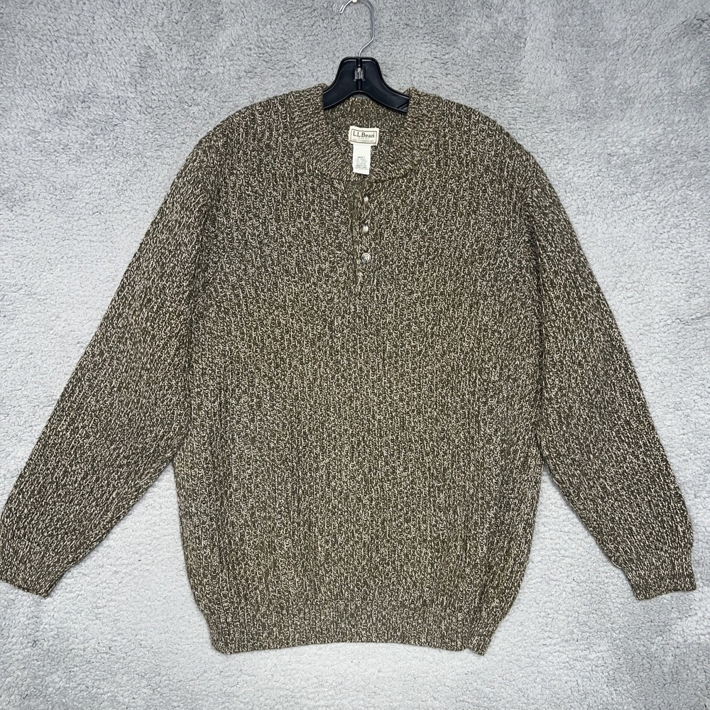 LL Bean Sweater Mens Sz LT Large Tall Heather Henley Ribbed Cuff Hem Grandpacore
